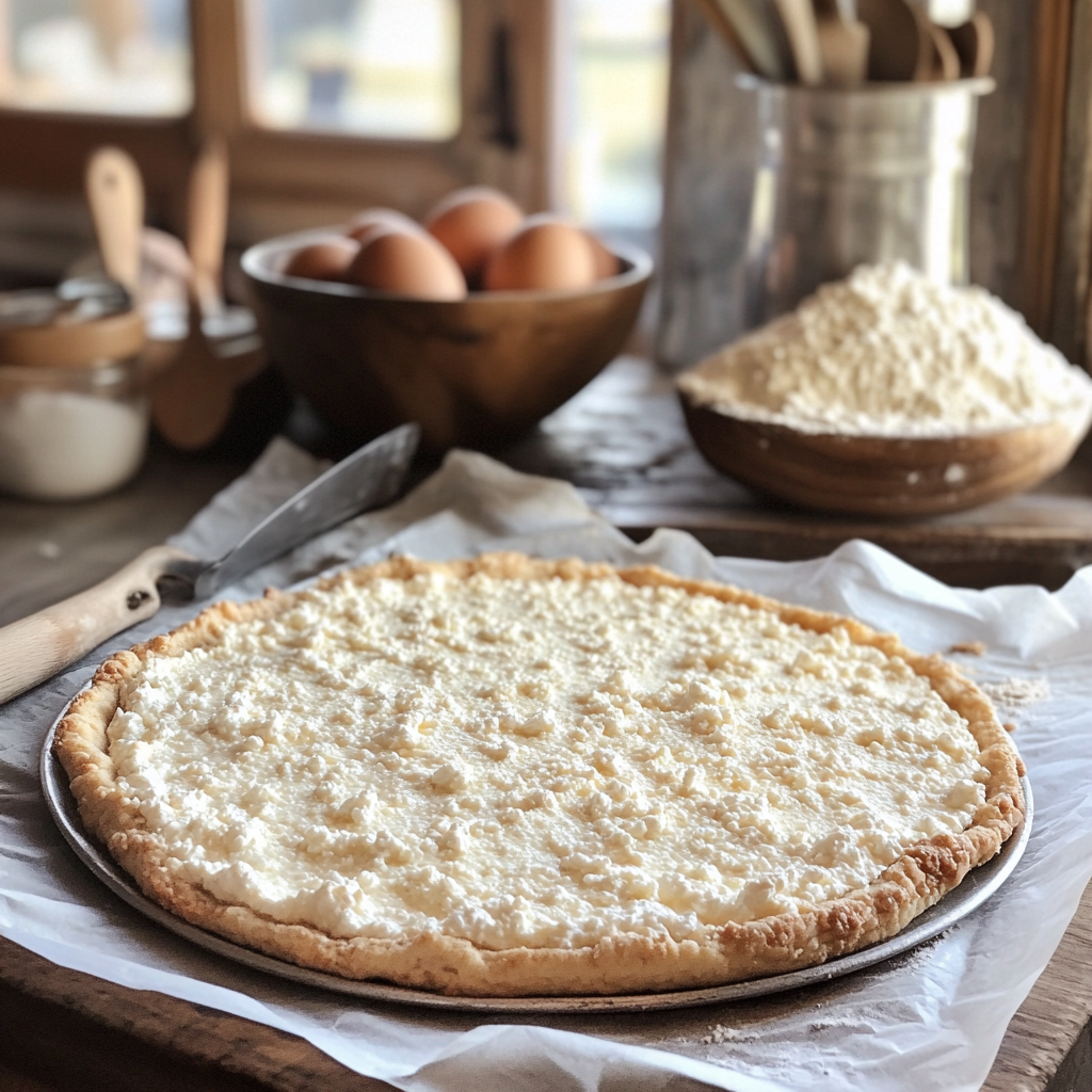 Uncooked cottage cheese pizza crust spread on a baking tray with ingredients like cottage cheese, eggs, and almond flour in the background, prepared for a keto-friendly recipe.