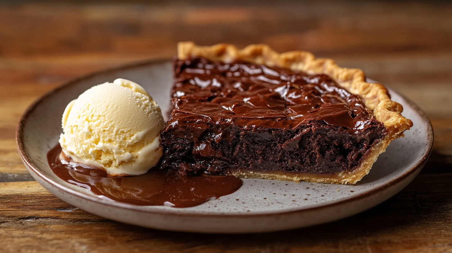 A freshly baked hot fudge pie with a gooey center, served with vanilla ice cream on a rustic wooden table. A rich and fudgy chocolate dessert.