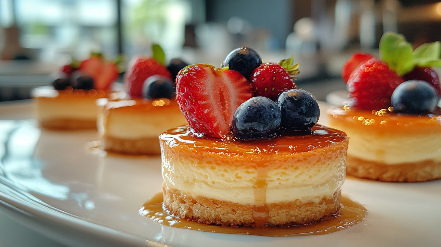 Freshly baked mini cheesecakes with vanilla wafers, topped with strawberries, blueberries, and caramel drizzle on a white plate, showcasing their creamy texture