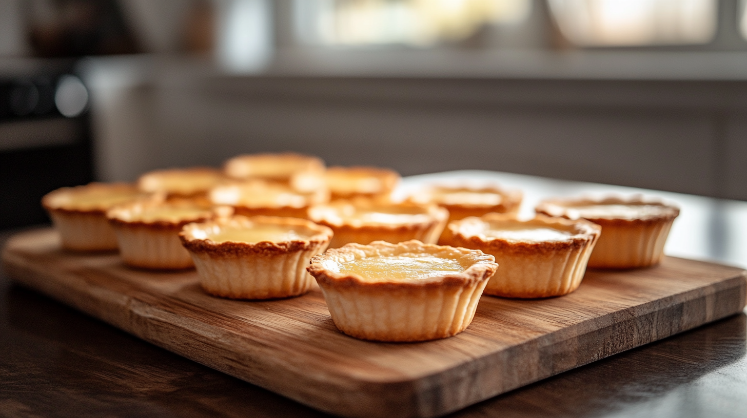 Freshly baked mini tart shells filled with vanilla custard and topped with berries, showcasing a crisp golden crust and vibrant toppings.