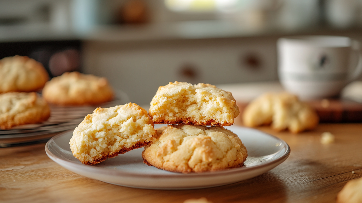 Freshly baked sour cream cookies with a golden brown surface, stacked on a plate, with one cookie broken in half to reveal its soft, fluffy interior.