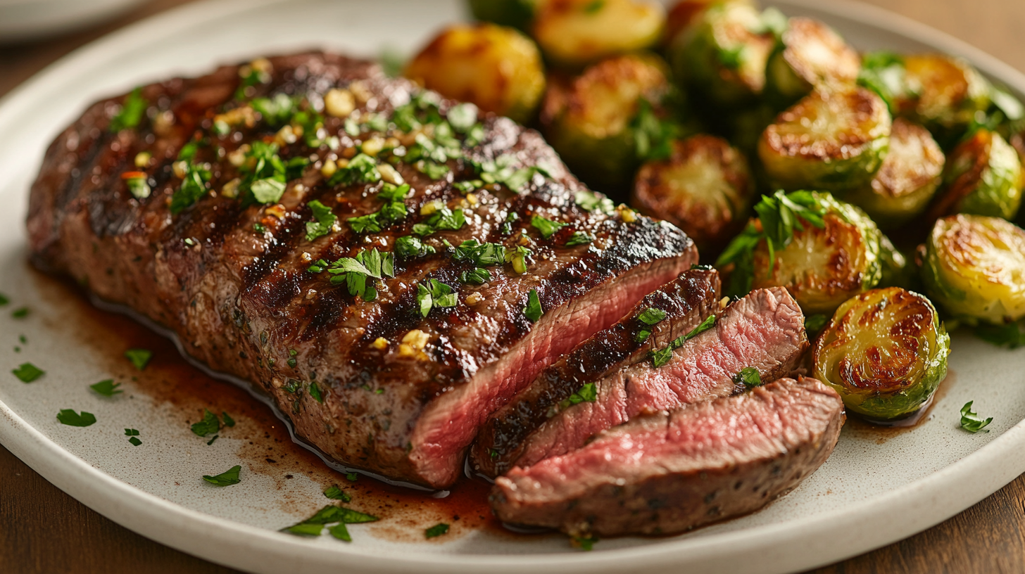 A beautifully plated ranch steak, medium-rare, served on a bed of garlic butter potatoes with lightly charred Brussels sprouts, drizzled with au jus sauce. The dish is presented on a rustic wooden table, emphasizing its rich and savory appeal.