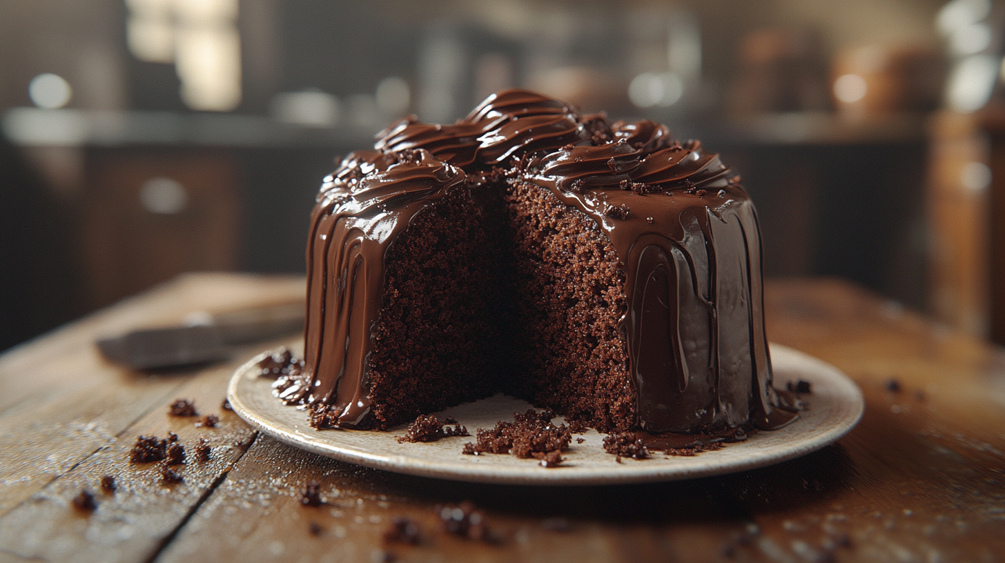 Moist and fudgy Matilda chocolate cake with rich chocolate frosting, served on a rustic wooden table with a slice cut out, showcasing its decadent texture.