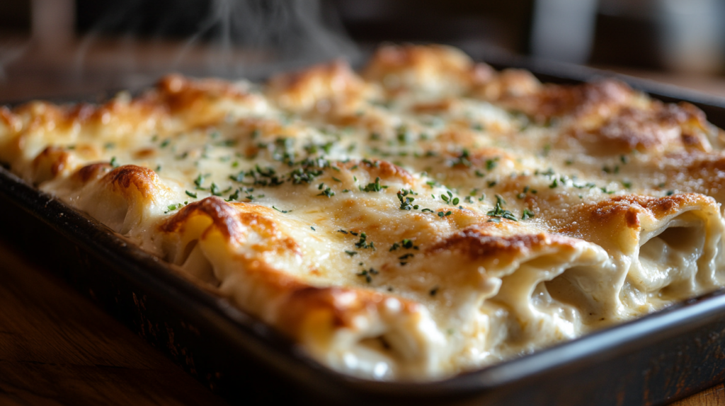 Chicken alfredo lasagna rolls freshly baked with golden bubbly cheese and creamy Alfredo sauce, served on a rustic table.