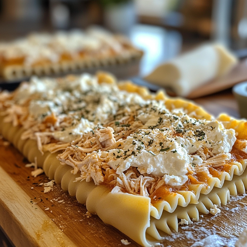 Close-up of a lasagna noodle being filled with shredded chicken and creamy ricotta cheese for chicken alfredo lasagna rolls.