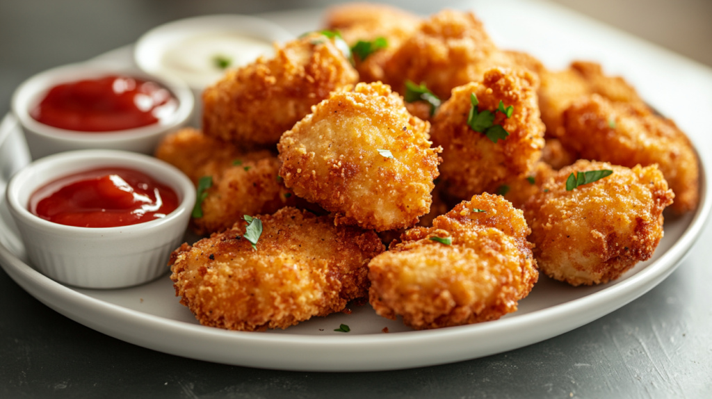 Plated homemade chicken nuggets with ground chicken, golden and crispy, served with dipping sauces on a white plate.