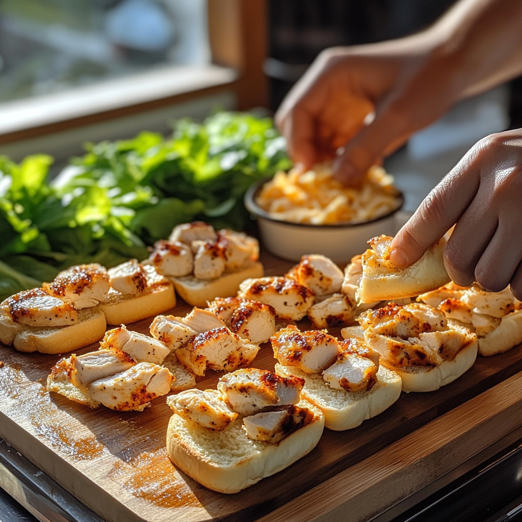 Hands assembling chicken sliders with grilled chicken, toasted brioche buns, and fresh toppings on a wooden cutting board.