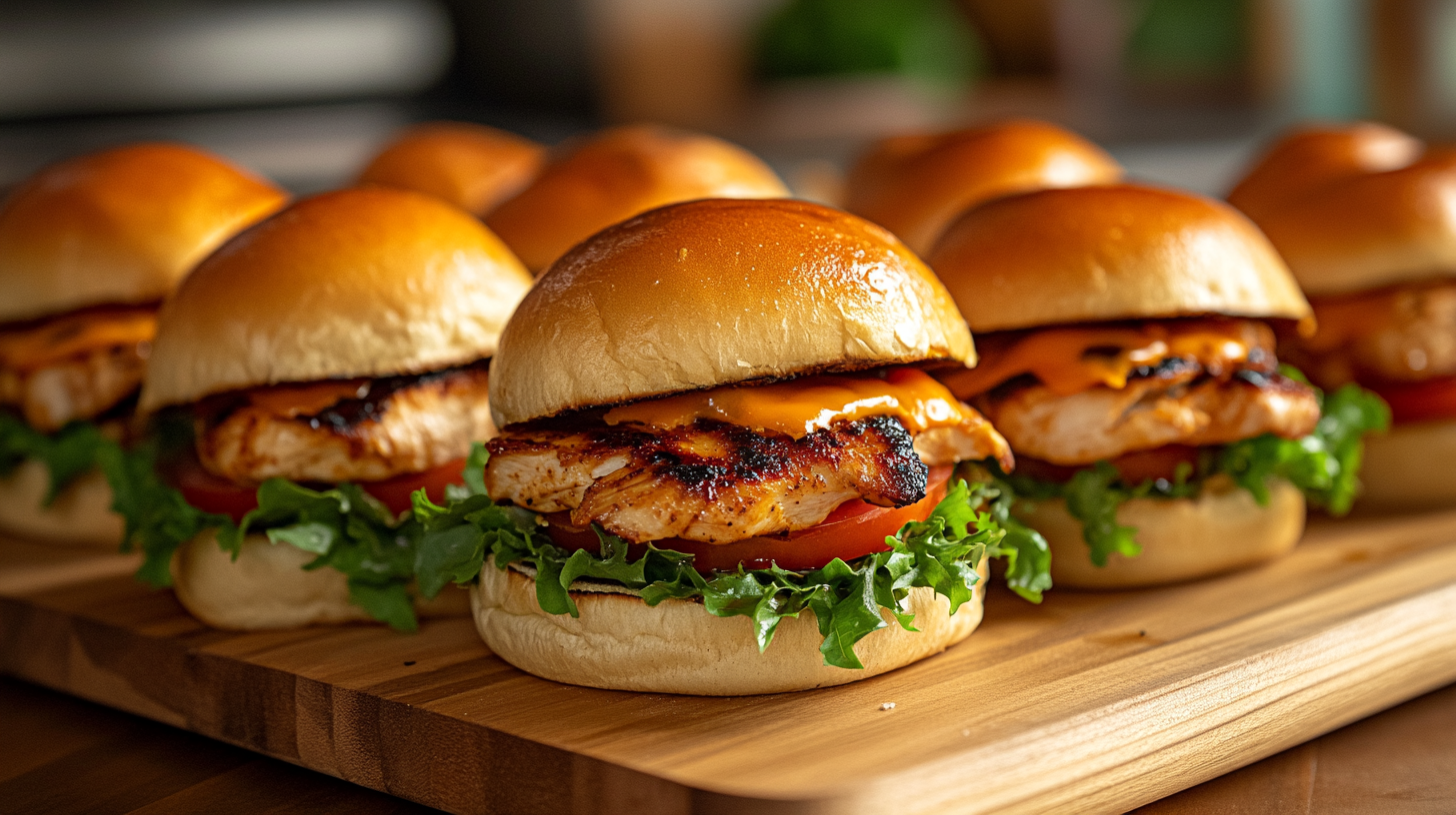 Freshly made chicken sliders with juicy grilled chicken, brioche buns, melted cheese, and toppings, plated on a wooden platter.