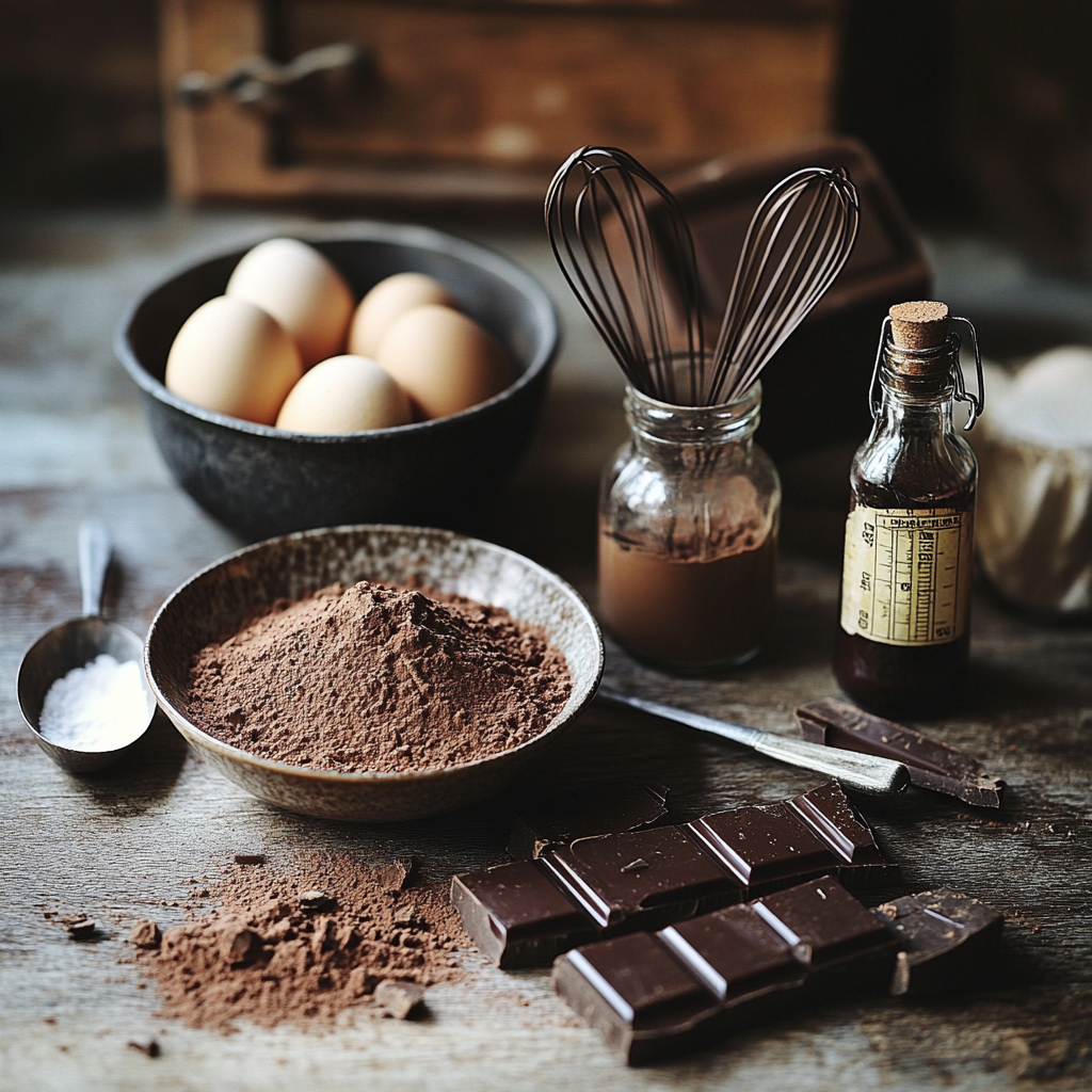 Baking tools and ingredients for chocolate cake, including cocoa powder, eggs, vanilla extract, and a whisk on a rustic kitchen countertop.