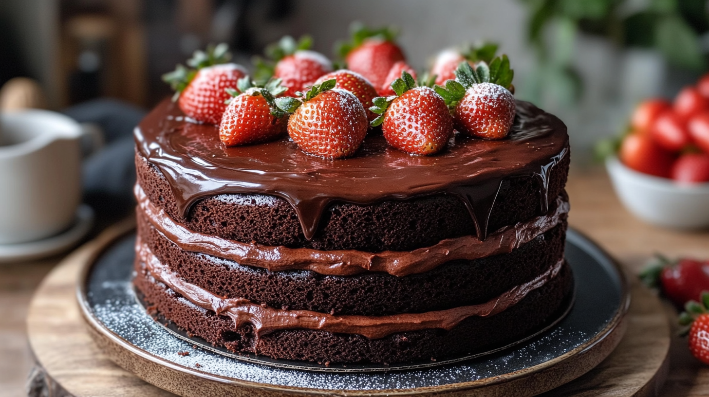 A freshly baked chocolate cake topped with chocolate ganache and strawberries, perfect final result for a decadent chocolate cake recipe.