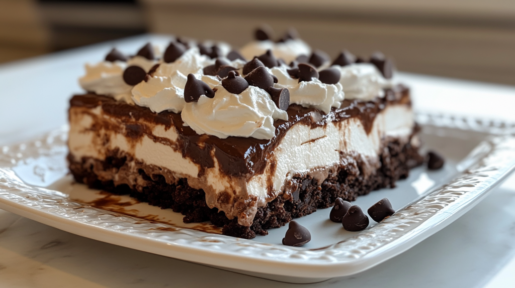 Final chocolate lasagna dessert with visible layers of cookie crust, cream cheese, chocolate pudding, and whipped topping, garnished with mini chocolate chips.