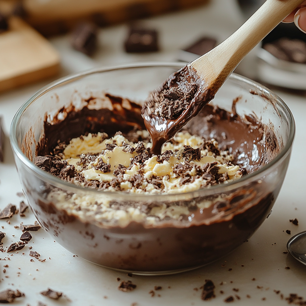 Preparation of chocolate lasagna dessert cookie base, showcasing crushed chocolate cookies being mixed with melted butter in a glass bowl.