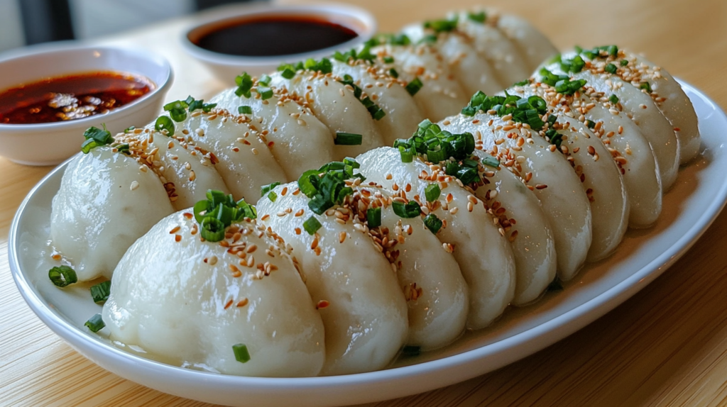 Freshly cooked Yuanbao dumplings served on a plate with green onions and sesame seeds, paired with soy sauce, symbolizing a classic Chinese recipe.