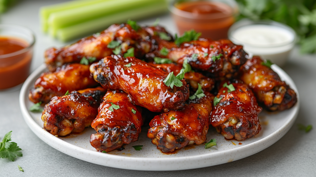 Baked BBQ chicken wings served on a white plate with glossy BBQ sauce, garnished with parsley, celery sticks, and dipping sauces.