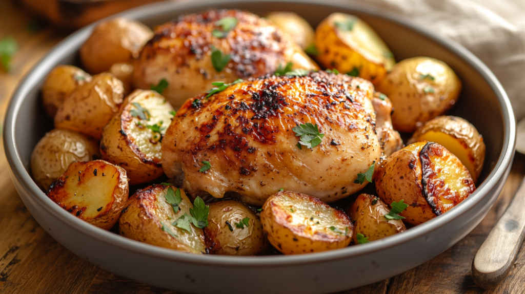 Golden and tender chicken served with perfectly roasted baby potatoes, garnished with parsley, showcasing the final result of chicken instant pot recipes.