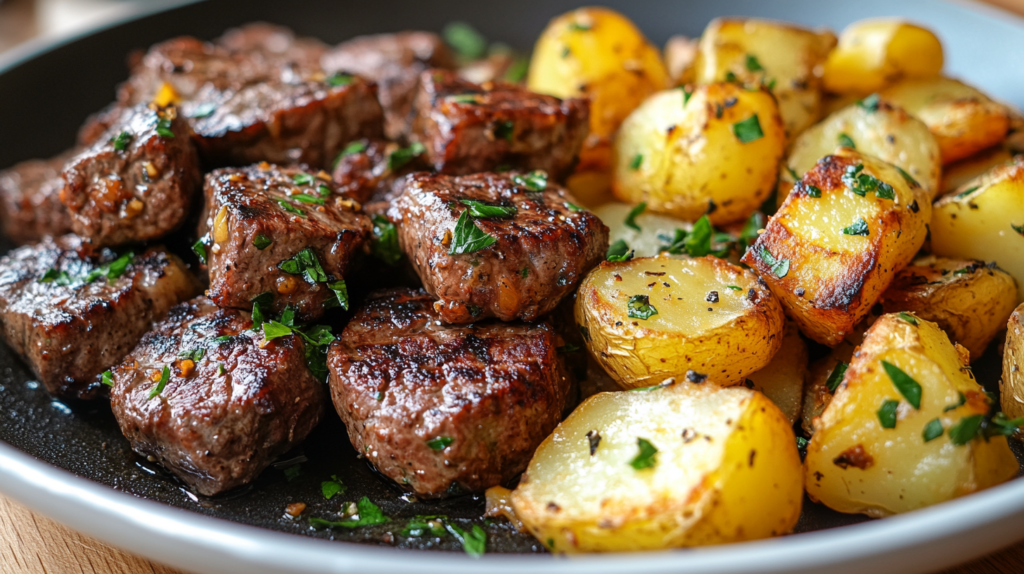 A plate of perfectly seared steak bites and crispy golden-brown potatoes, garnished with fresh parsley, served on a wooden kitchen counter.