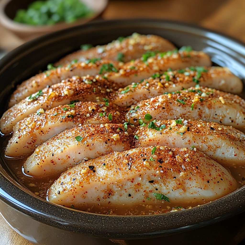 Seasoned raw chicken tenders inside a slow cooker, ready to be cooked with flavorful spices and broth for a juicy and tender result.