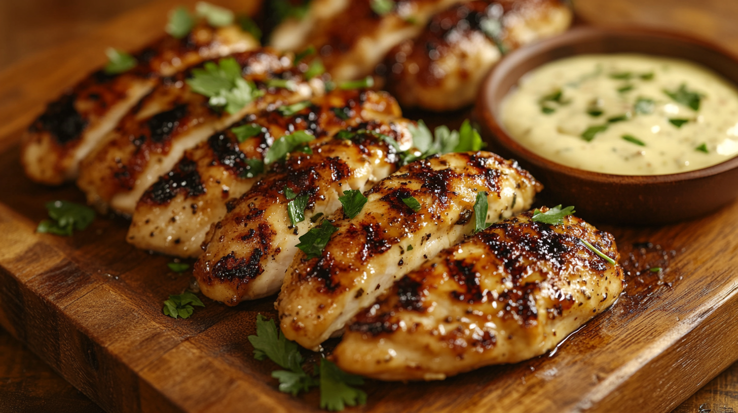 Juicy and tender slow cooker chicken tenders served on a rustic plate with dipping sauce, garnished with fresh parsley. A perfect easy and flavorful meal.