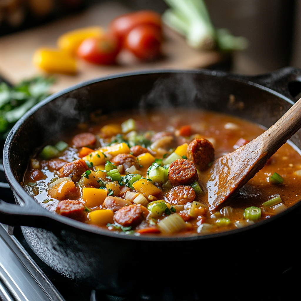 Cajun Okra Soup Easy in the making—sautéing andouille sausage, onions, bell peppers, and celery in a cast-iron pot with a golden roux for a flavorful base.