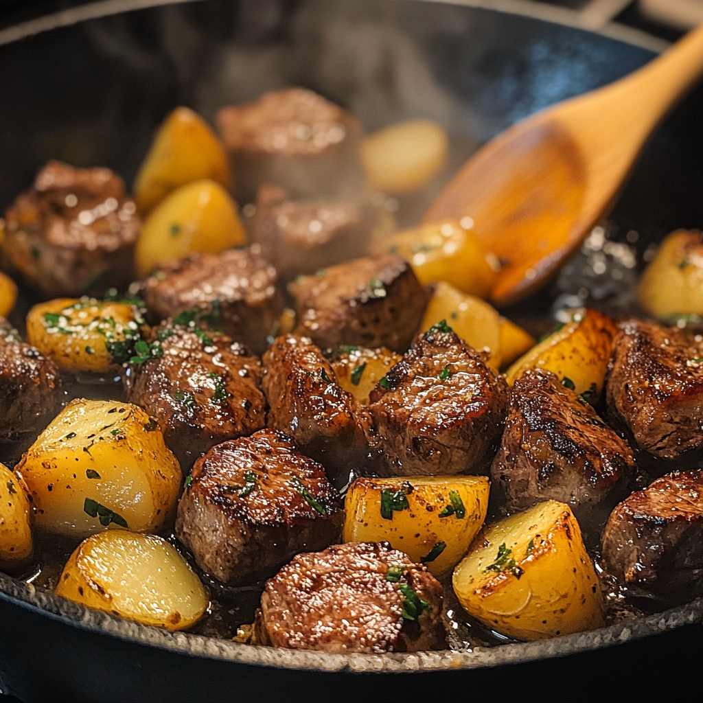 A plate of perfectly seared steak bites and crispy golden-brown potatoes, garnished with fresh parsley, served on a wooden kitchen counter.