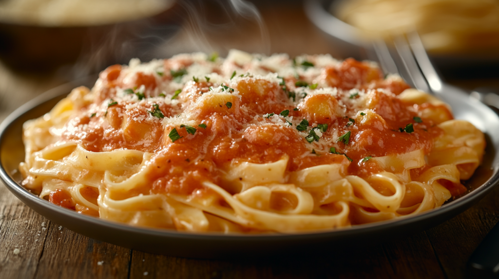 A plate of pasta topped with rich, creamy Five Cheese Marinara sauce, garnished with freshly grated Parmesan and parsley, served on a rustic wooden table.