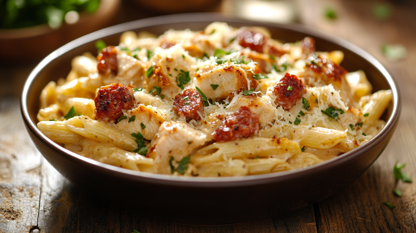 Bowls of creamy chicken and chorizo pasta with penne, topped with Parmesan cheese and fresh parsley—delicious comfort food recipe.