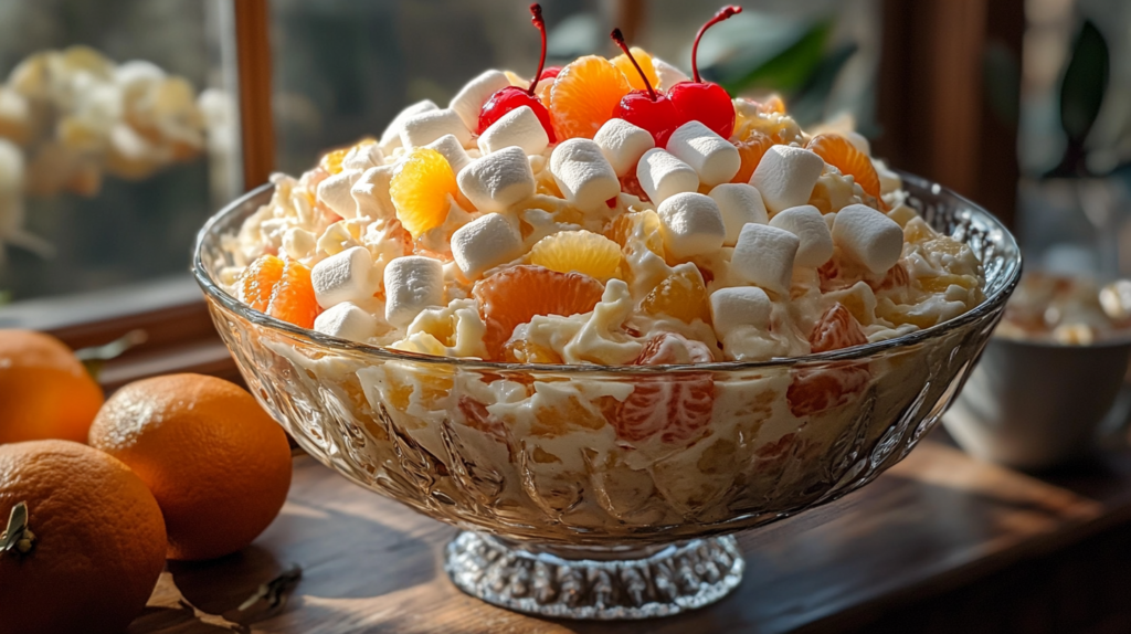 Homemade fluff salad recipe served in a glass bowl, featuring creamy whipped topping, mini marshmallows, pineapple, mandarin oranges, and maraschino cherries.