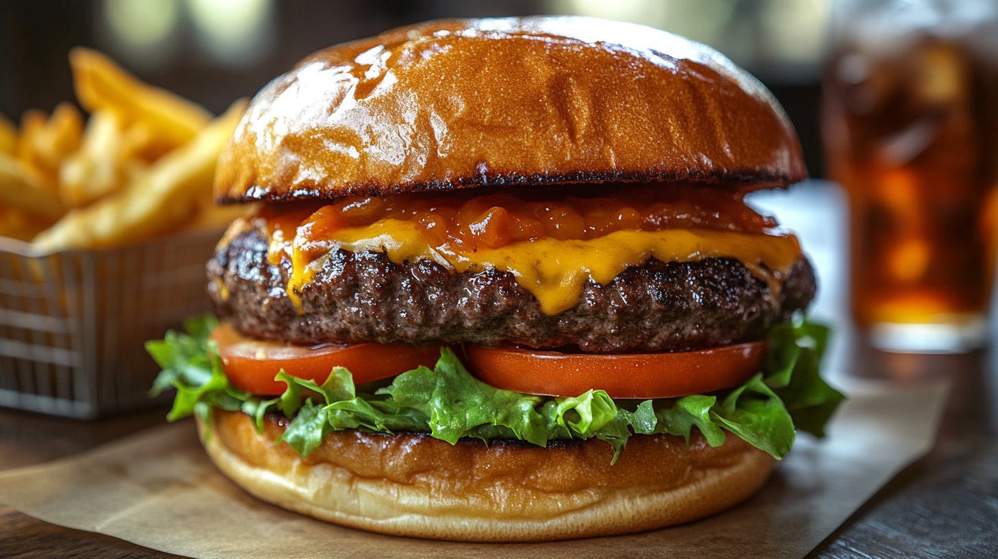 A freshly prepared Chilis Smash Burger with a crispy beef patty, melted cheese, brioche bun, and fresh toppings on a wooden table.