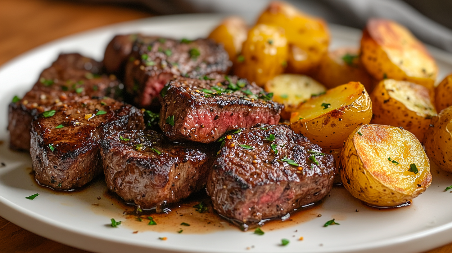 Final plated garlic butter steak bites and golden crispy potatoes garnished with parsley, a savory and satisfying dinner recipe.