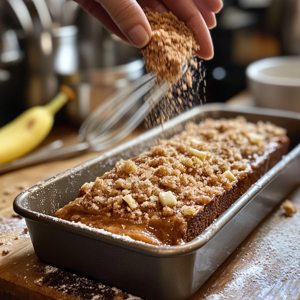 A hand sprinkling cinnamon crunch topping over banana bread batter in a loaf pan, showcasing the preparation process before baking.