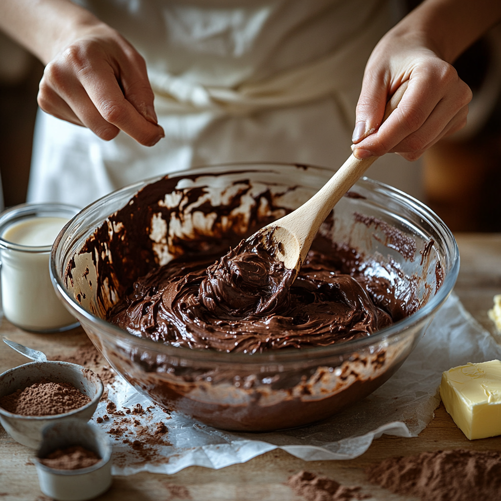 Home baker mixing Matilda chocolate cake batter in a glass bowl with baking ingredients on a kitchen countertop, capturing the preparation process.