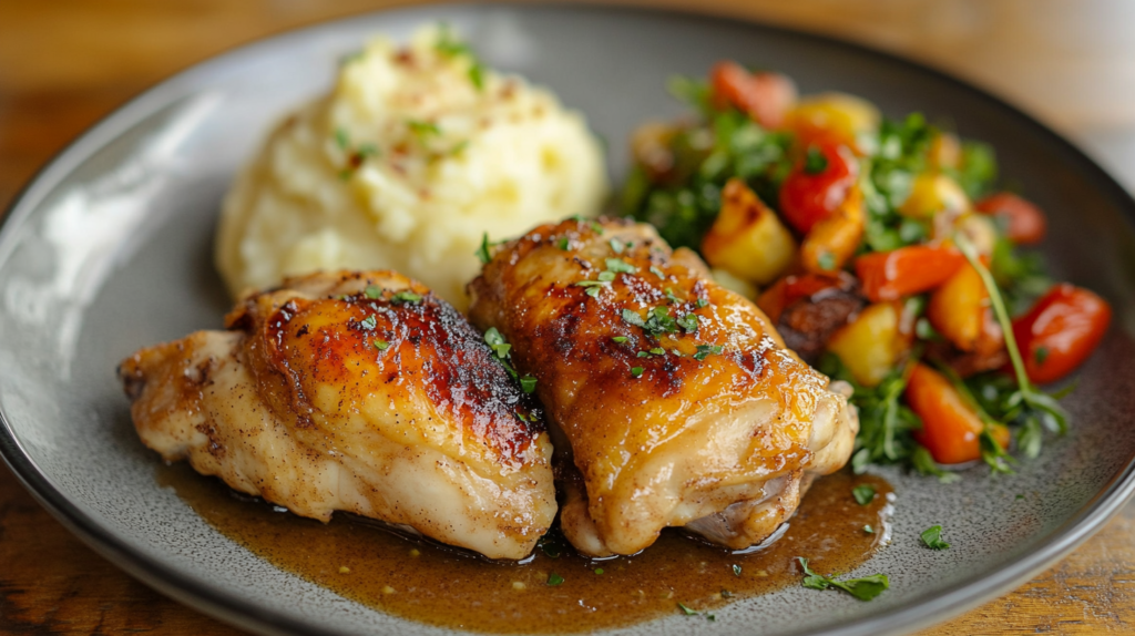 Homemade Cinnamon Queen Chicken dish with a golden-brown crispy texture, served with roasted vegetables and garlic mashed potatoes on a rustic wooden table