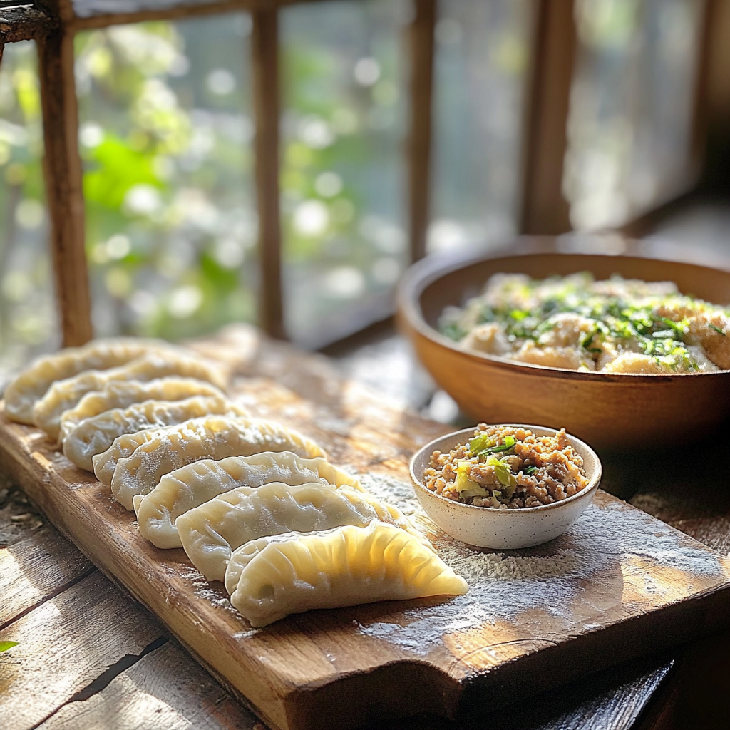 Freshly cooked Yuanbao dumplings served on a plate with green onions and sesame seeds, paired with soy sauce, symbolizing a classic Chinese recipe.