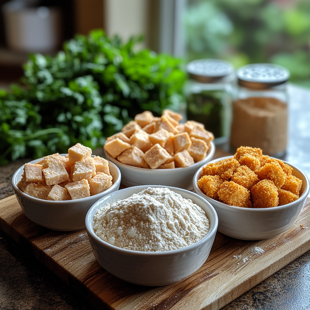 Dredging station setup for homemade chicken nuggets with ground chicken, featuring flour, egg mixture, and breadcrumbs in bowls with natural kitchen lighting.