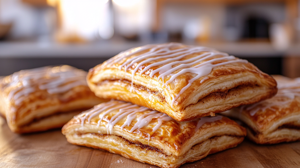 Freshly baked homemade Cinnamon Roll Pop-Tarts with golden flaky crust and vanilla glaze on a wooden kitchen counter.