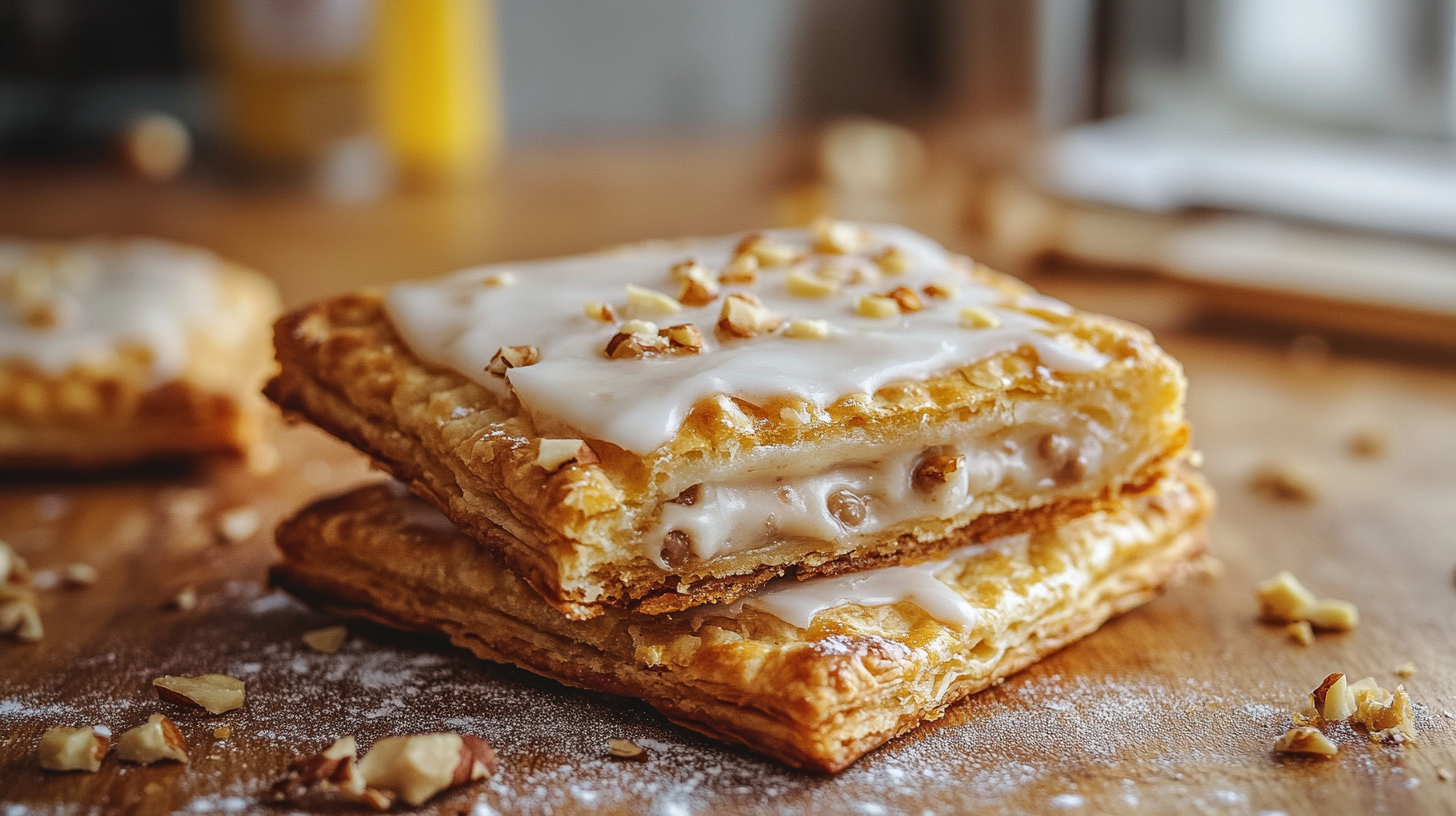 Homemade protein pop tarts with a golden-brown crust, drizzled with sugar-free icing and filled with a high-protein creamy filling, placed on a wooden countertop.