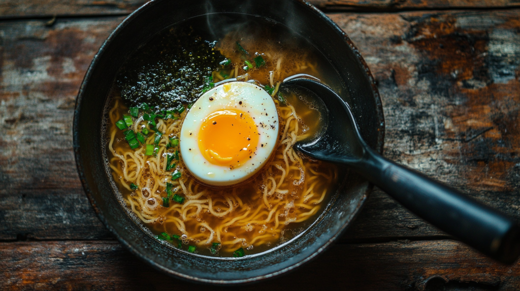 A steaming homemade ramen noodle bowl with rich broth, chashu pork, marinated egg, and fresh toppings, served on a rustic wooden table.