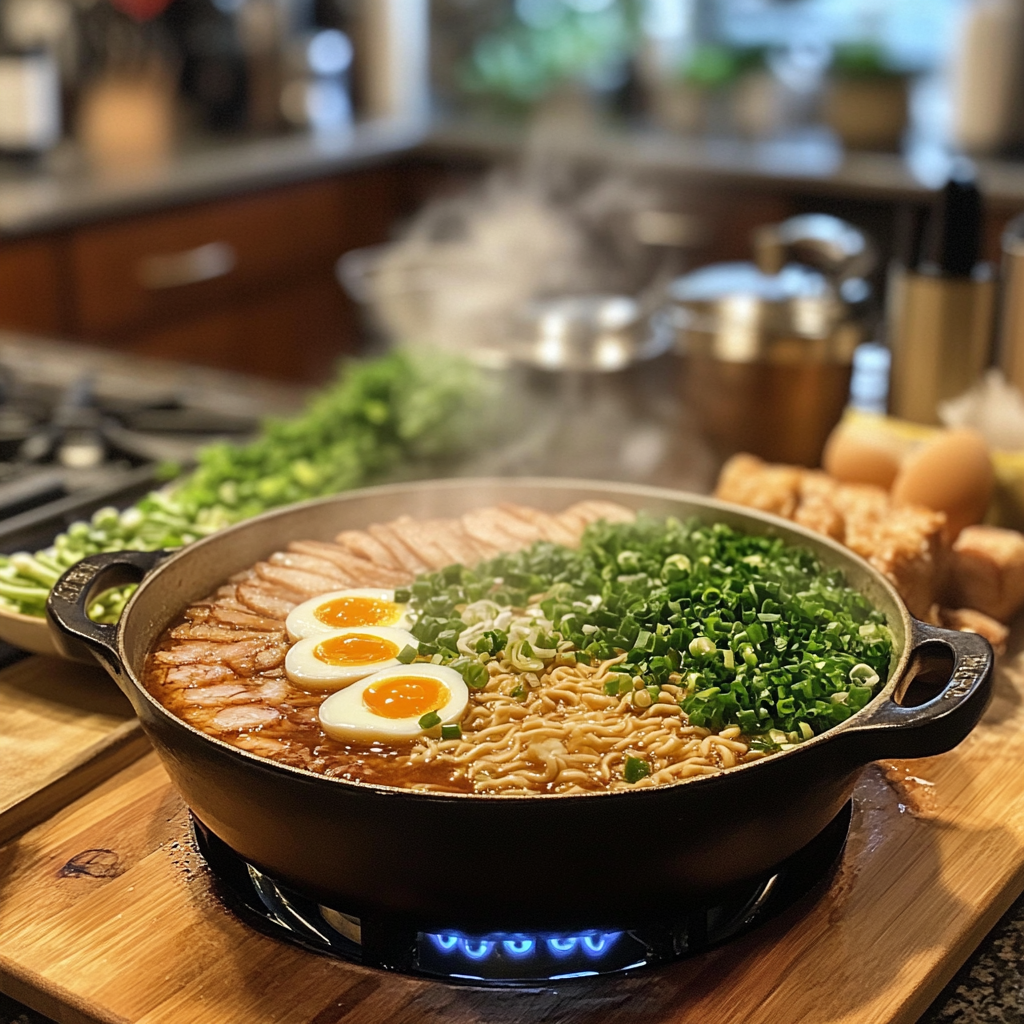 Fresh ingredients for a ramen noodle bowl, including chashu pork, marinated eggs, and noodles, prepared in a cozy kitchen with simmering broth.