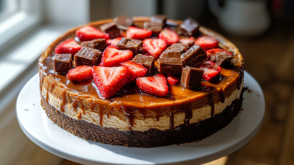 Homemade Snickers strawberry cheesecake topped with caramel drizzle, Snickers chunks, and fresh strawberry slices on a white cake stand.