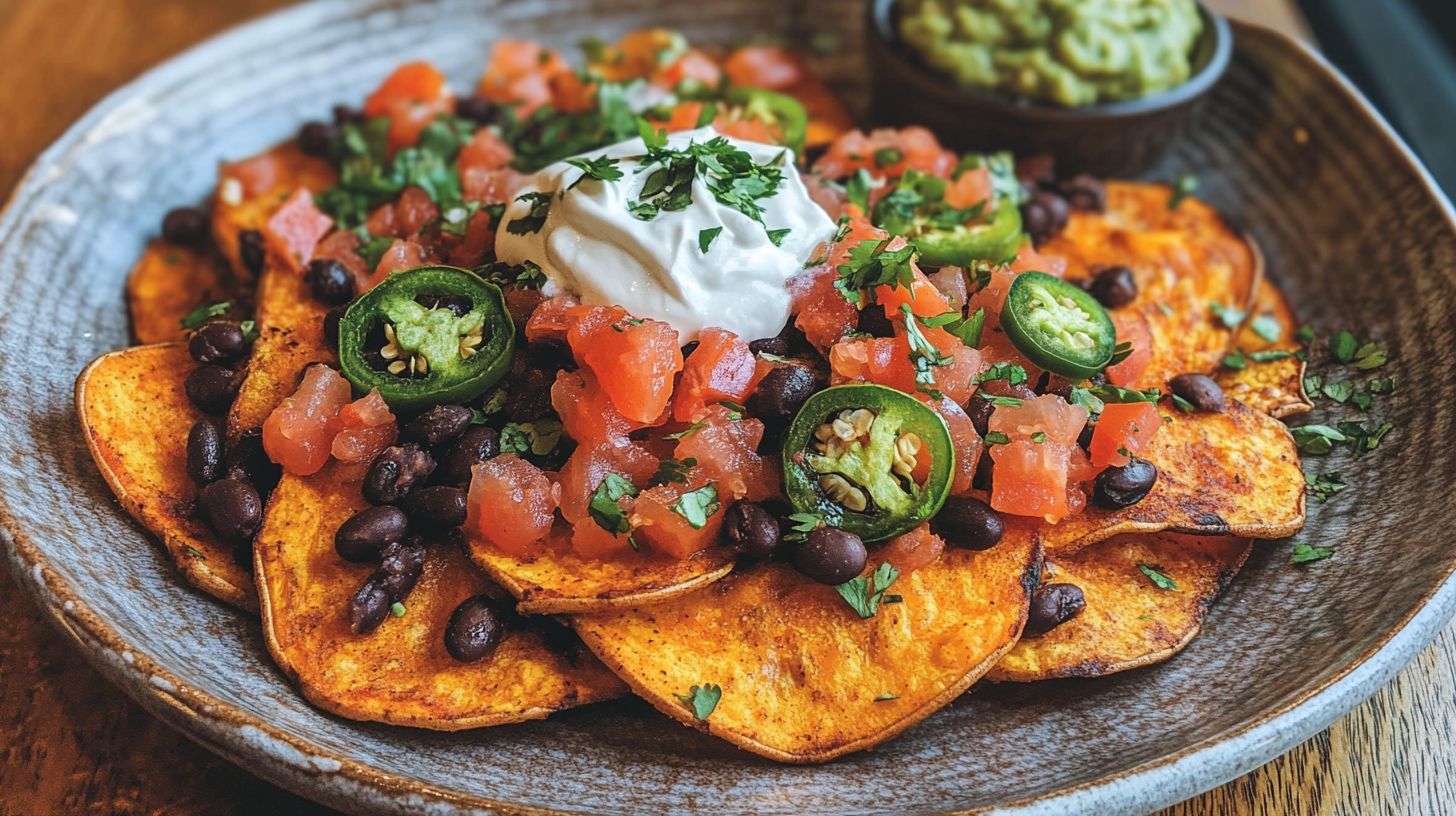 Homemade sweet potato nachos topped with melted cheese, black beans, diced tomatoes, jalapeños, and sour cream, served with guacamole and salsa on a wooden table.