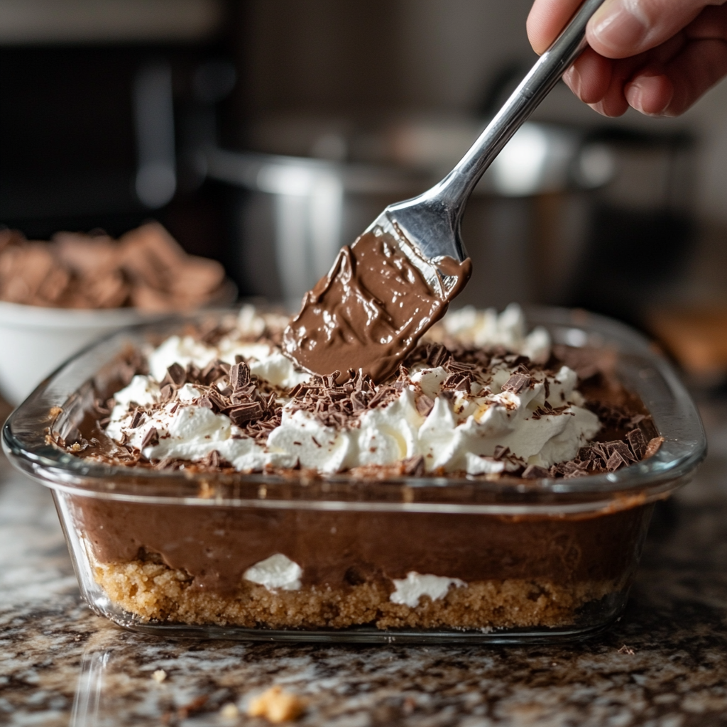 A hand spreading the creamy hot chocolate layer onto the cookie crust in a glass baking dish, showing the layering process of hot chocolate lasagna.