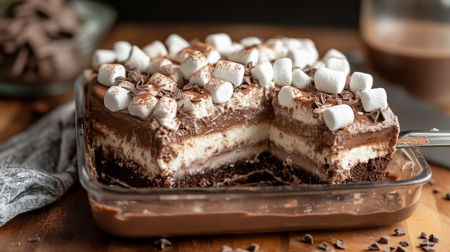 A freshly made hot chocolate lasagna with visible layers of chocolate cookie crust, chocolate pudding, and whipped topping, garnished with marshmallows and chocolate shavings.