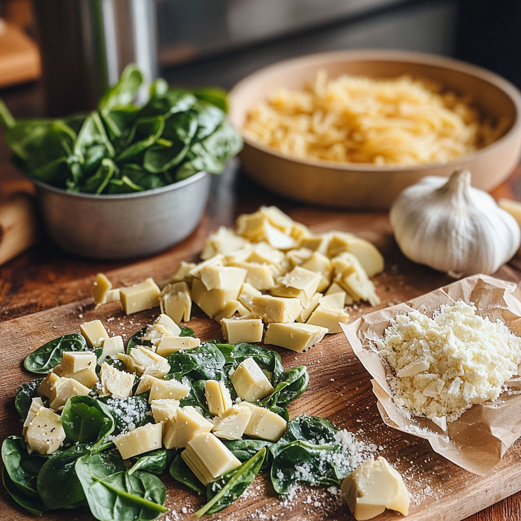 Fresh ingredients for artichoke and spinach casserole, including spinach leaves, chopped artichokes, pasta, and grated cheese on a wooden cutting board.