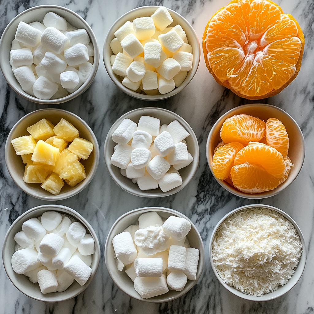 Ingredients for fluff salad recipe, including mini marshmallows, canned pineapple chunks, mandarin oranges, shredded coconut, and whipped topping on a marble countertop.