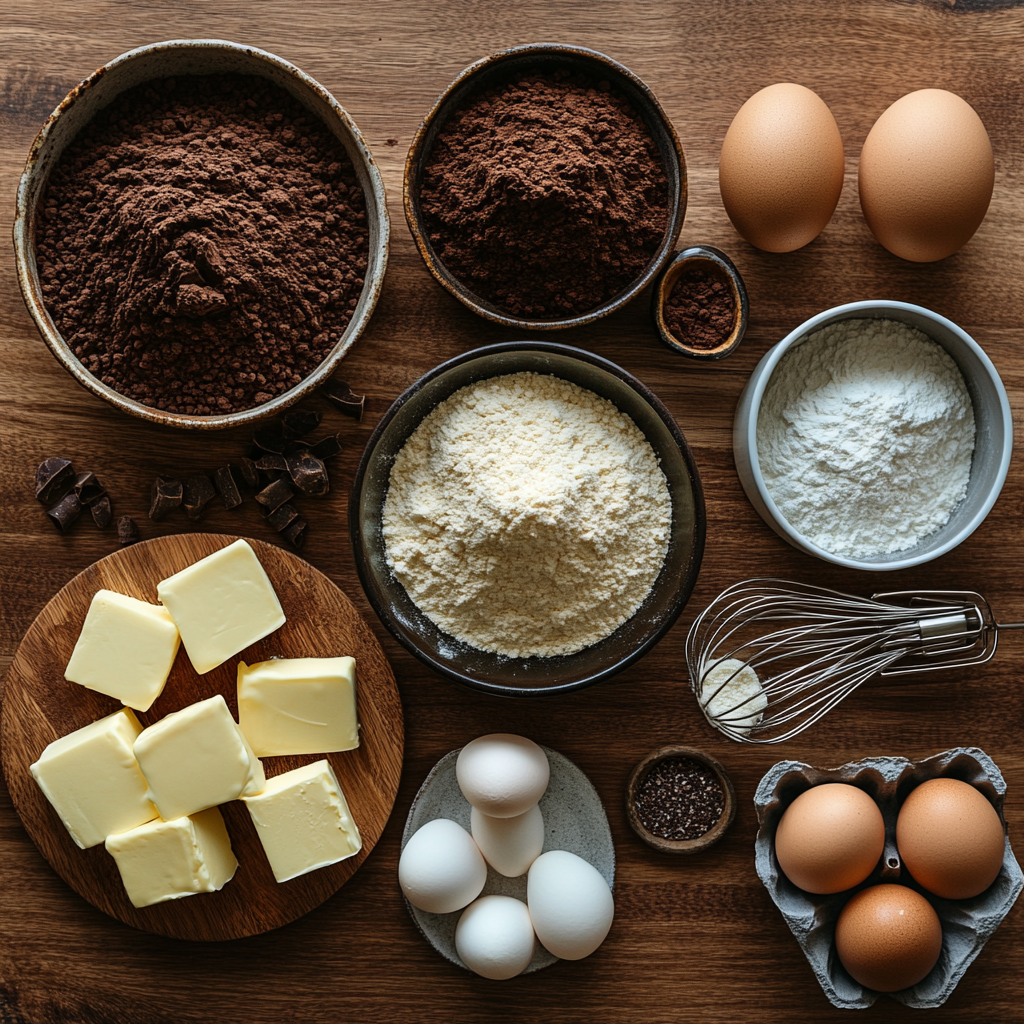 Ingredients for hot fudge pie, including cocoa powder, butter, sugar, eggs, and flour, laid out on a wooden kitchen counter for preparation.