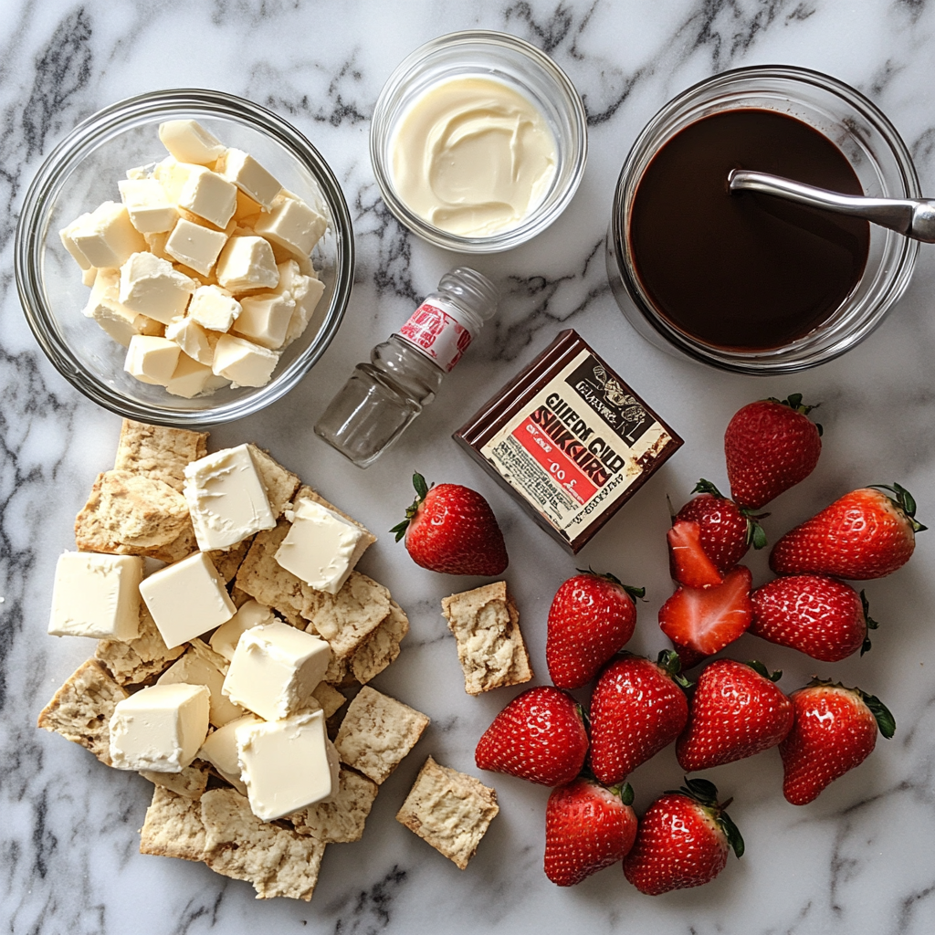 Ingredients for white chocolate strawberry cheesecake Snickers, including Snickers pieces, cream cheese, strawberries, melted white chocolate, and digestive biscuits.