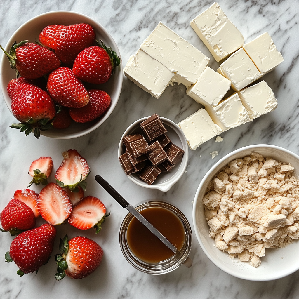 Key ingredients for Snickers strawberry cheesecake, including cream cheese, strawberries, crushed graham crackers, sugar, Snickers bars, and caramel sauce on a marble countertop.