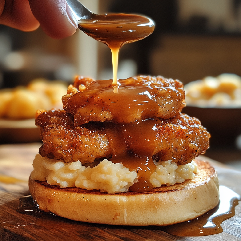 Assembling a homemade KFC Boneless Chicken Mashed Potato Sandwich with crispy fried chicken, mashed potatoes, and gravy in a home kitchen setting.