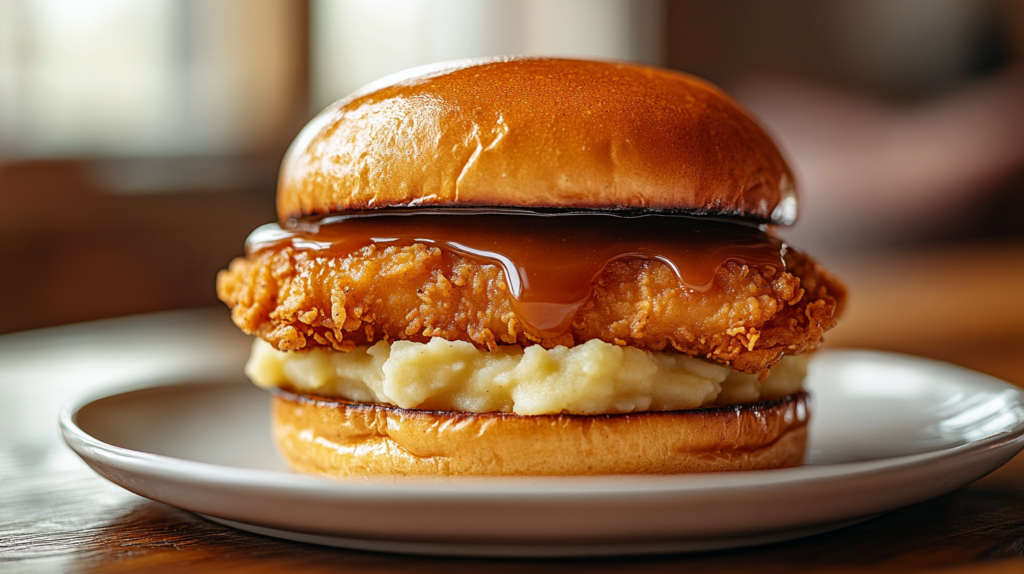 Homemade KFC Boneless Chicken Mashed Potato Sandwich with crispy fried chicken, creamy mashed potatoes, and toasted brioche bun on a white plate.