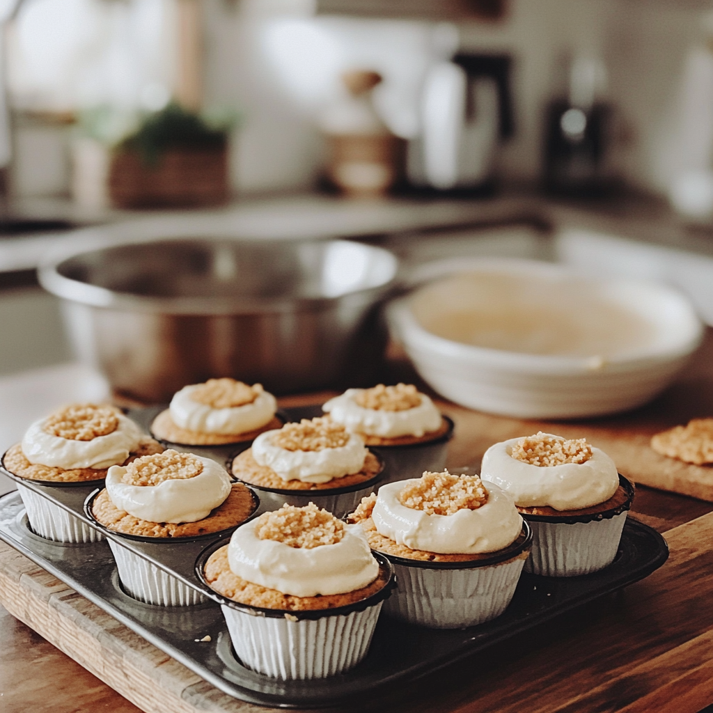 Close-up of a muffin tin filled with mini cheesecakes with vanilla wafers, showing the baking process with vanilla wafer crust and creamy cheesecake batter.